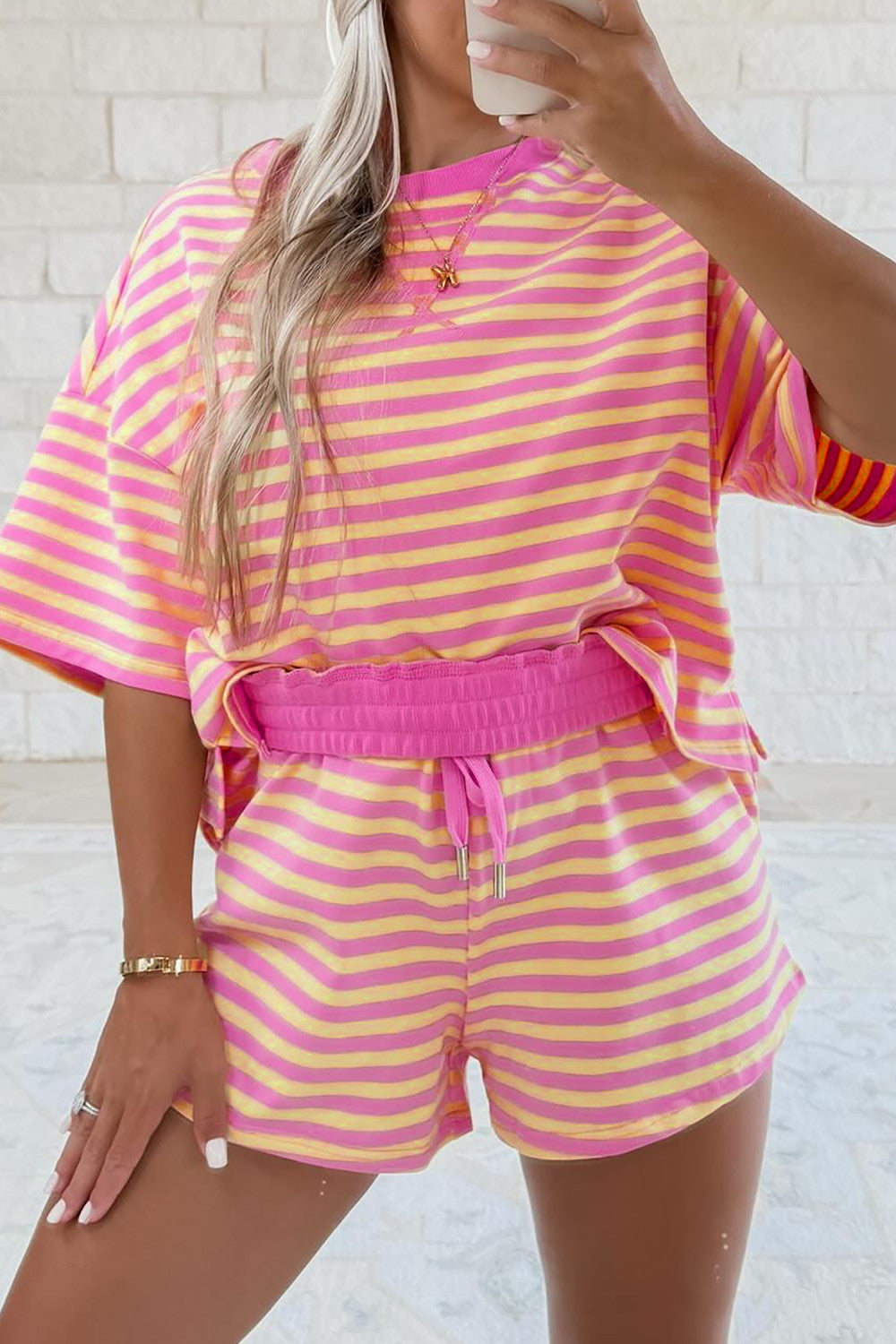 Rose Stripe Drop Shoulder Boxy Casual Terry Short Set (Copy)