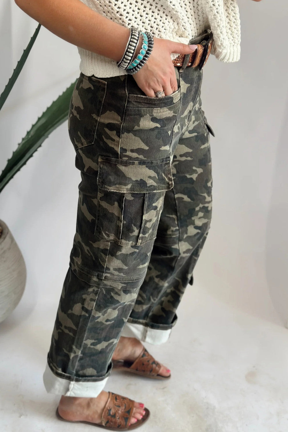 Green Camouflage Print Multi Pocketed Womens Denim Pants - PREORDER