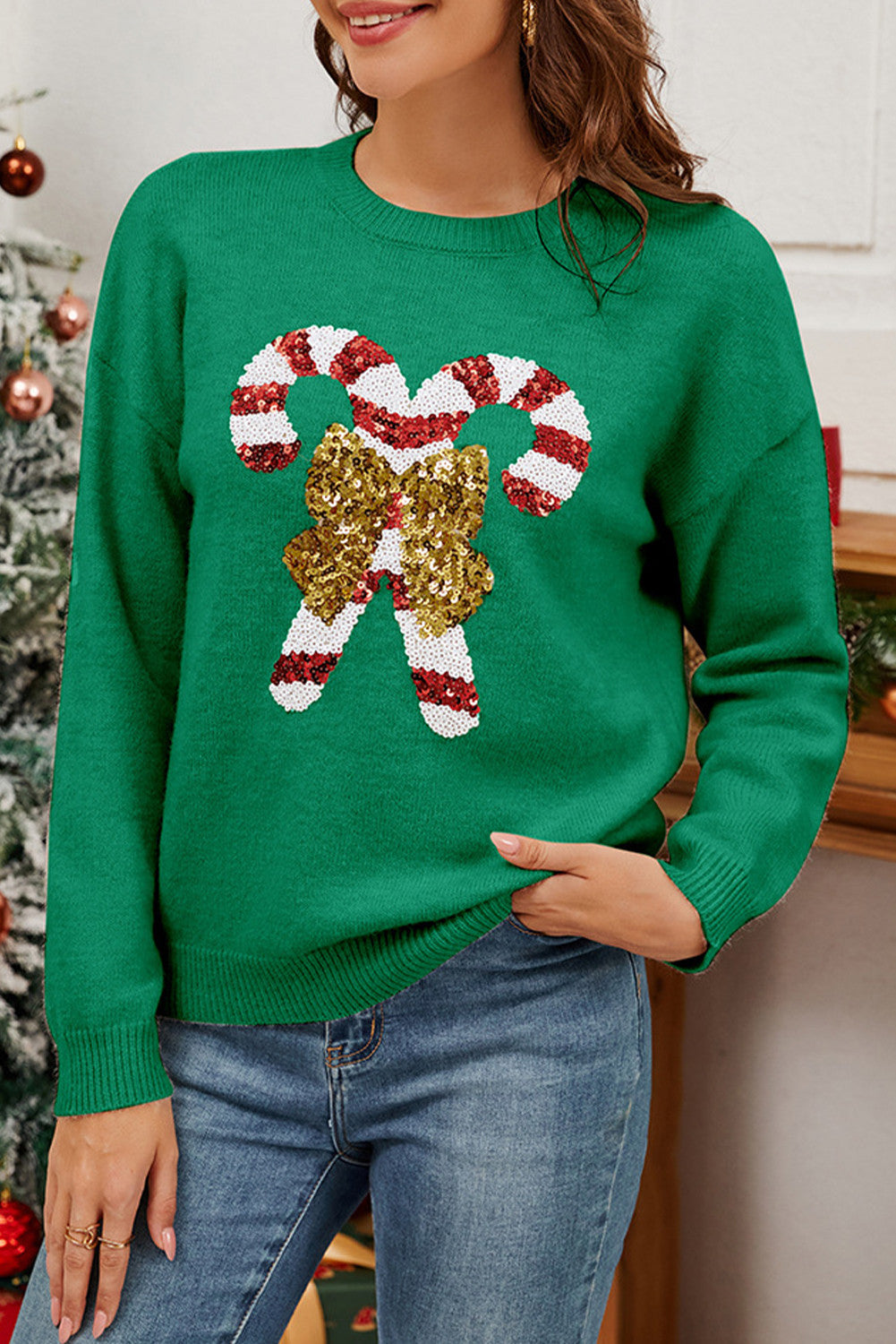 Dark Green Sequin Bow Candy Cane Graphic Christmas Sweater