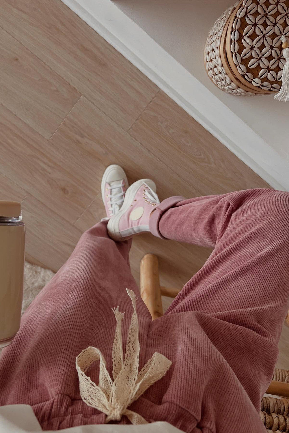 Rose Tan Lace Drawstring Pullover Hoodie and High Waist Pants Corduroy Suit- PREORDER
