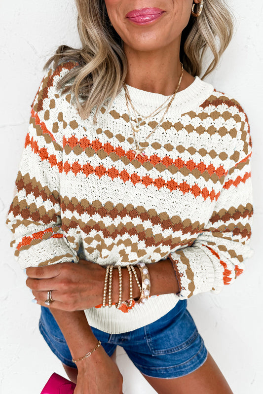 Brown Stripe Eyelet Patterned Drop Shoulder Sweater - PREORDER