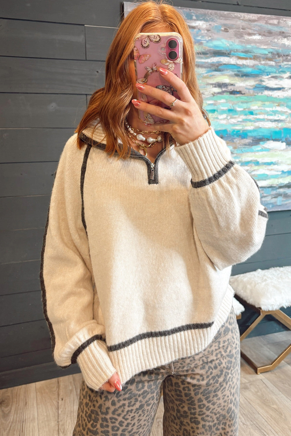 White Contrast Trim Ribbed Detail Quarter Zip Baggy Sweater - PREORDER