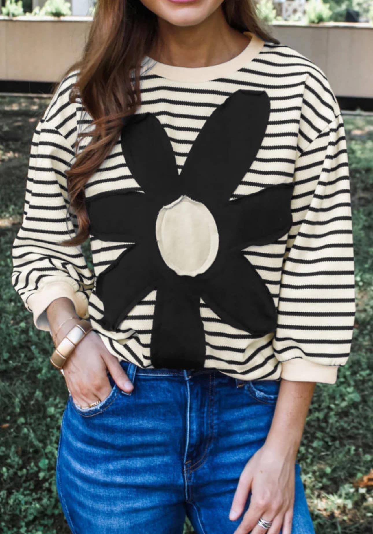 Black white Striped Big Flower Patched Top PREORDER