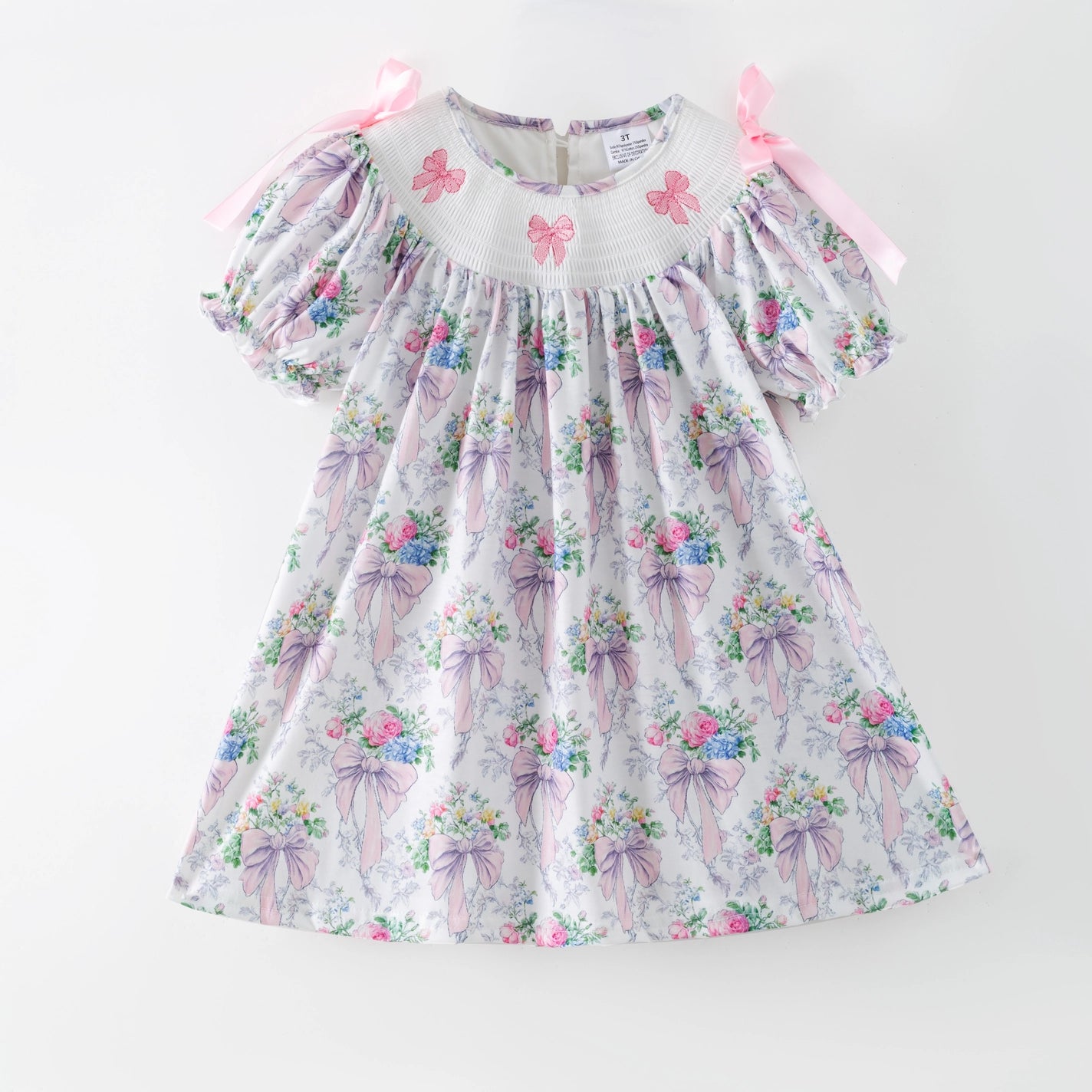 Spring Summer Pink Bow Floral Smock Embroidery Dress - PREORDER