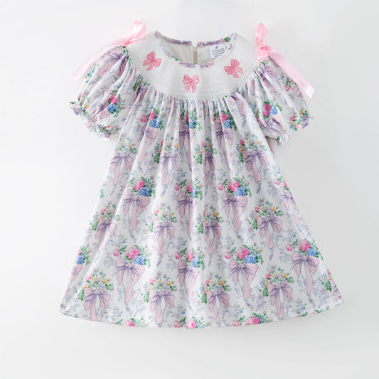 Spring Summer Pink Bow Floral Smock Embroidery Dress - PREORDER