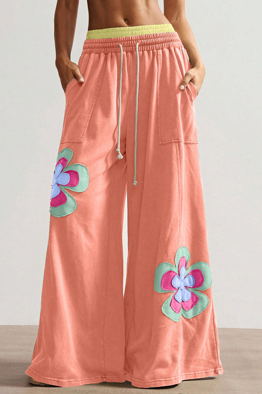 Grapefruit Orange Color Block Flower Patchwork Drawstring Contrasted Elastic Waist Wide Leg Pants - PREORDER