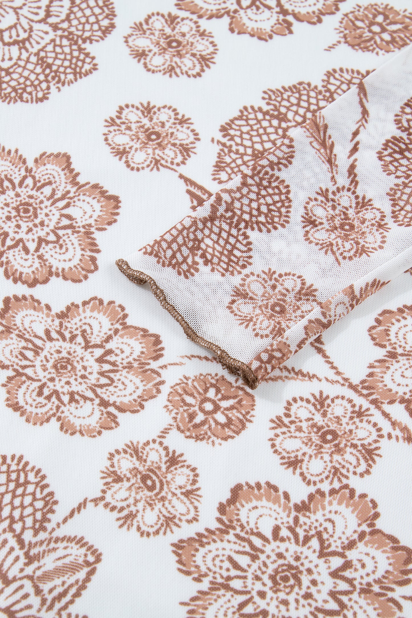 Brown Thumbhole Long Sleeve Floral Print Mesh Top - PREORDER