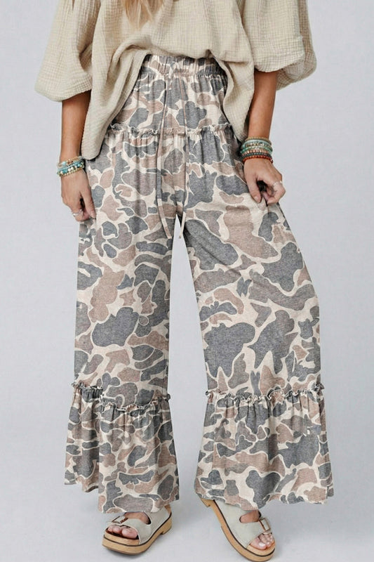 Multicolour Camo Print Wide Leg Casual Pants - PREORDER