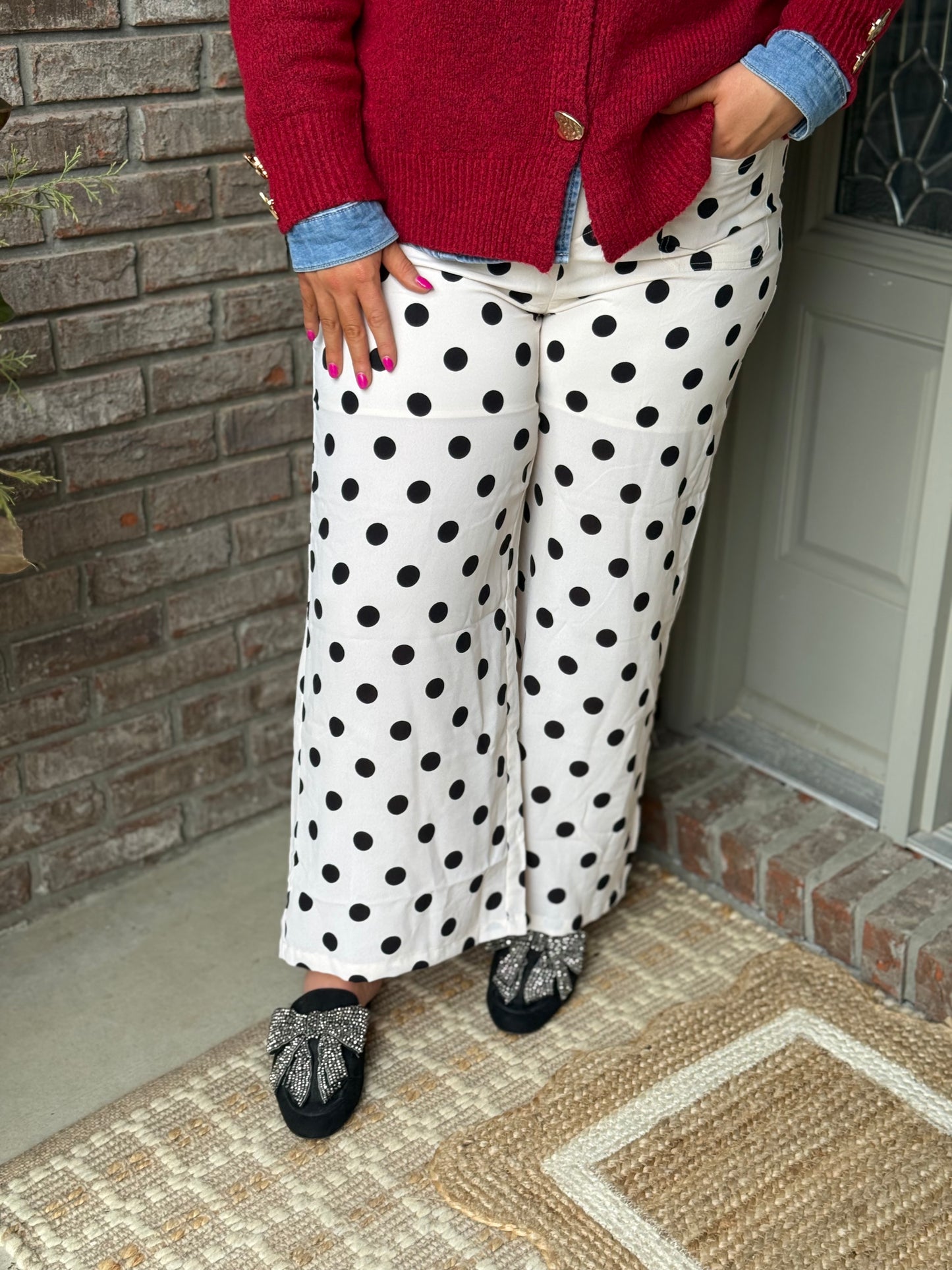 White Polka Dot Print Square Patch Pocket Loose Pants - PREORDER