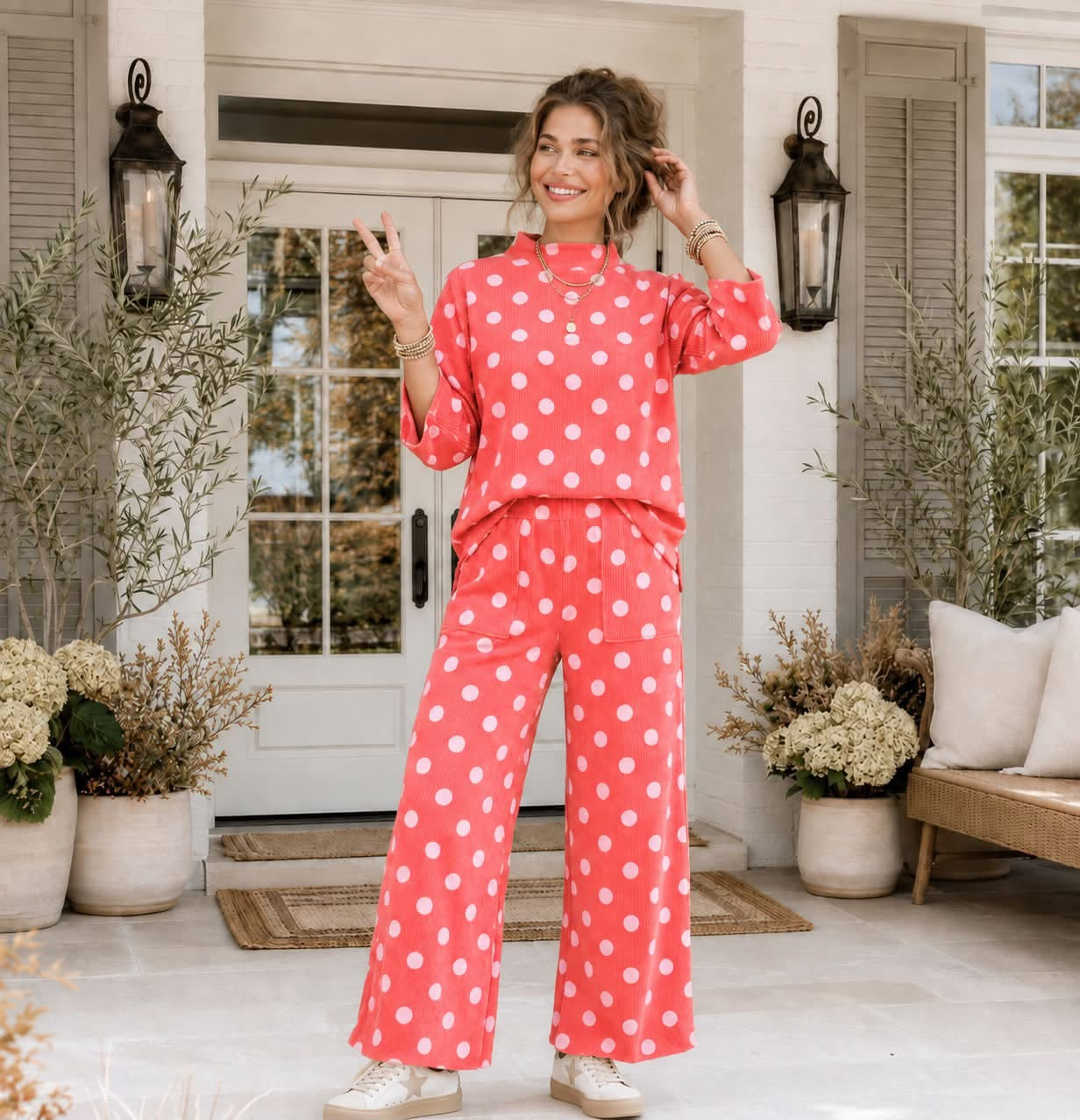 Red Polka Dot Ribbed Knit Mock Neck Pullover Two Piece Pants Set - PREORDER