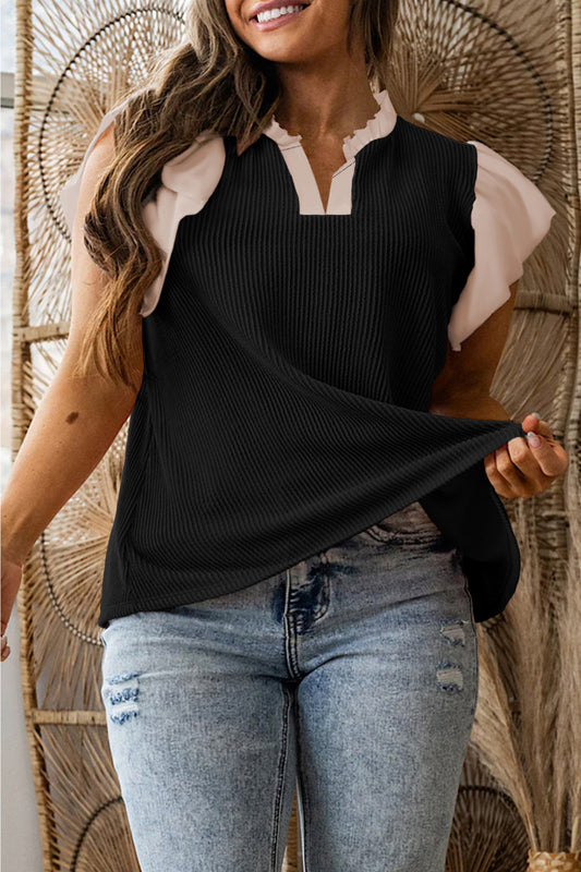 Black Plus Size Contrast Frilled Neckline Ruffled Short Sleeve Ribbed Textured Blouse - PREORDER