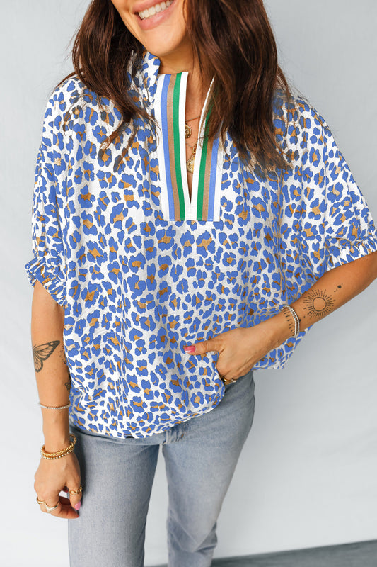 Sky Blue Leopard Color Block Contrast Striped V Neck Half Sleeve Loose Fit Blouse - PREORDER