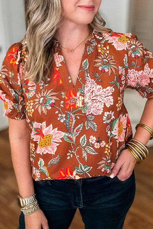 Brown Floral Stitched V Neck Frilled Trim Puff Short Sleeve Blouse - PREORDER