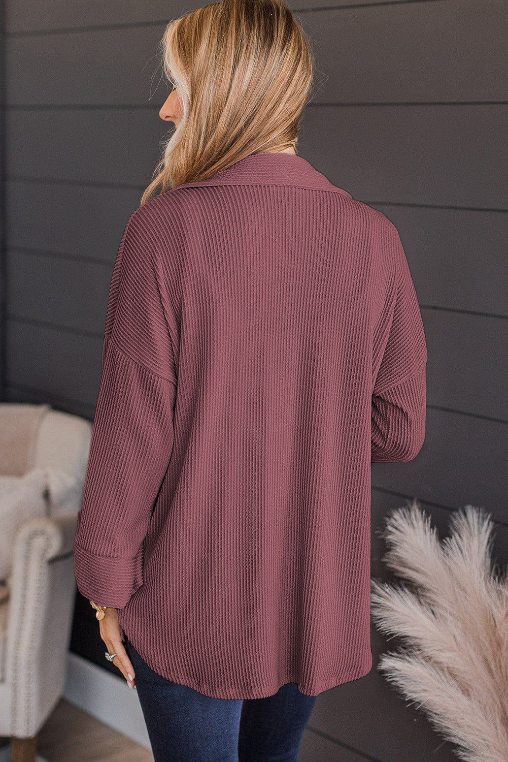 Fiery Red Pink Roll Tab Sleeve Ribbed Cording Shacket  - PREORDER