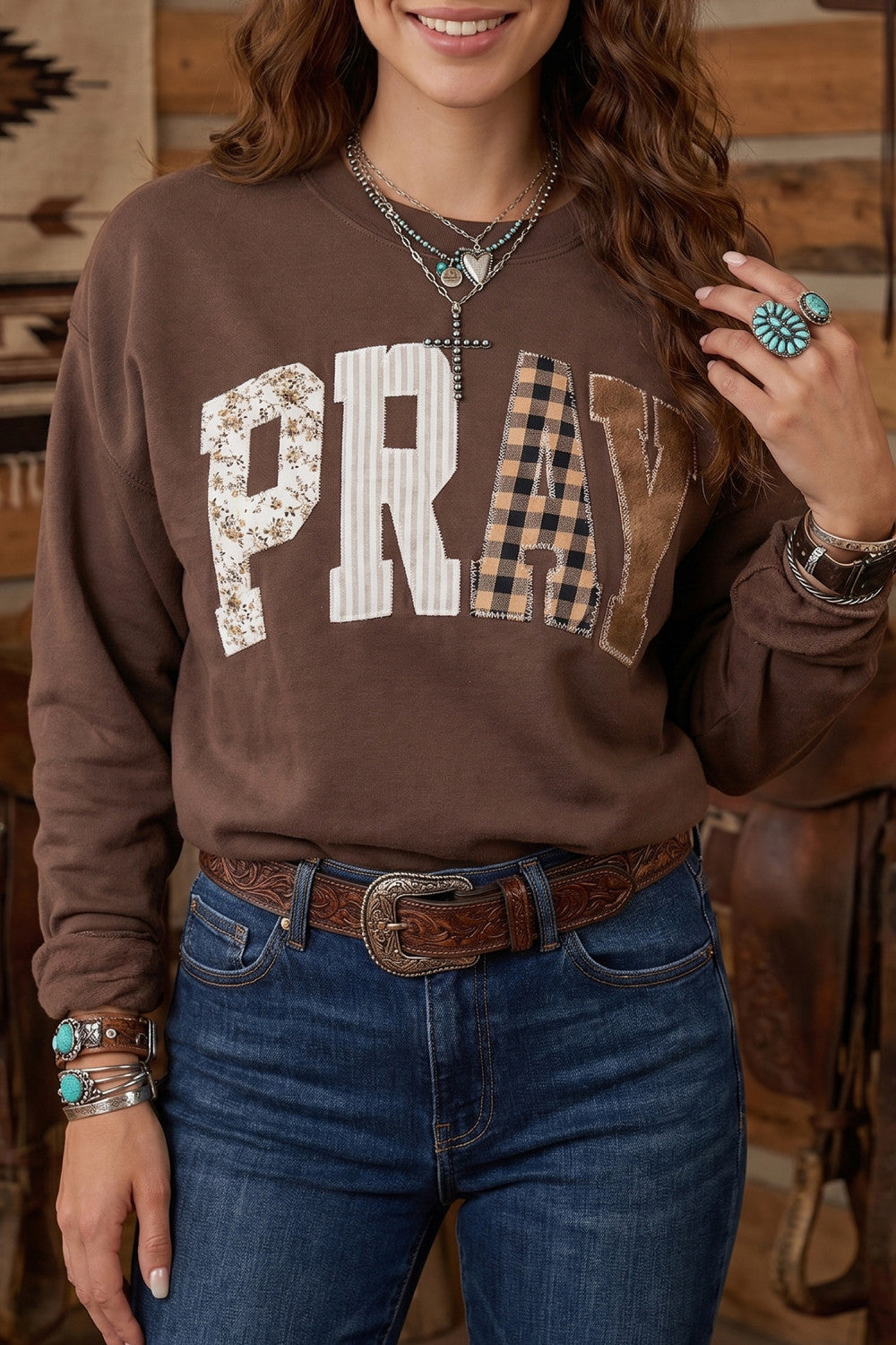Coffee Floral Buffalo Plaid Striped Embroidered Patch Western Pullover Sweatshirt - PREORDER