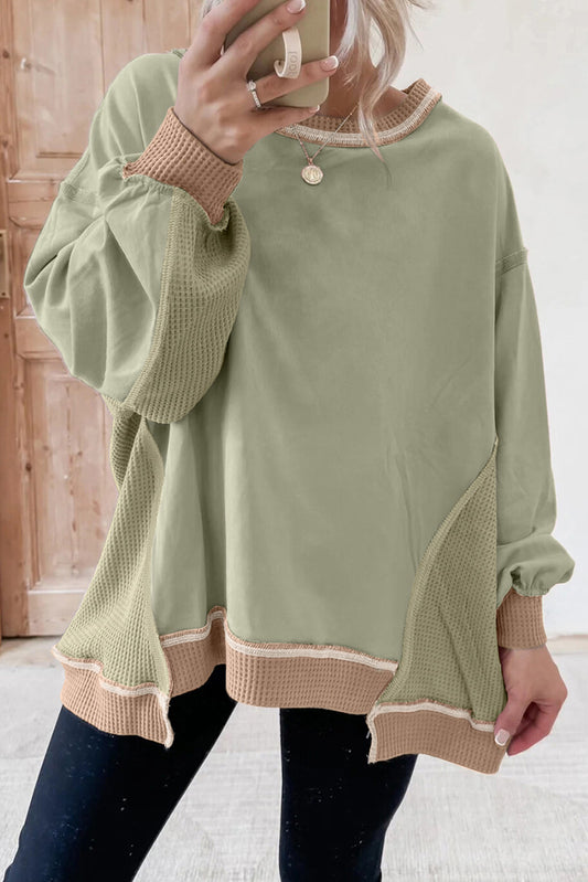 Smoke Green Color Block Mix Texture Waffle Patchwork Oversize Sweatshirt - PREORDER