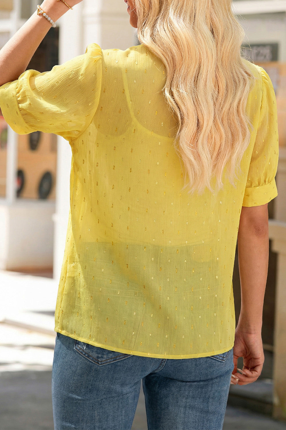 Yellow Cream Metallic Jacquard Short Sleeve Shirt