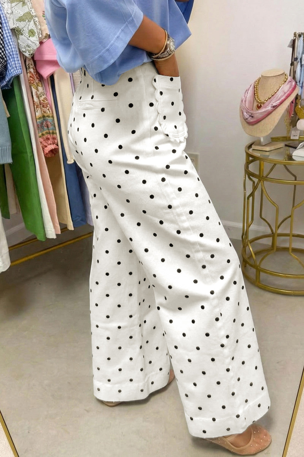 White Polka Dot Print Scalloped Patch Pocket Cotton Shift Pants - PREORDER