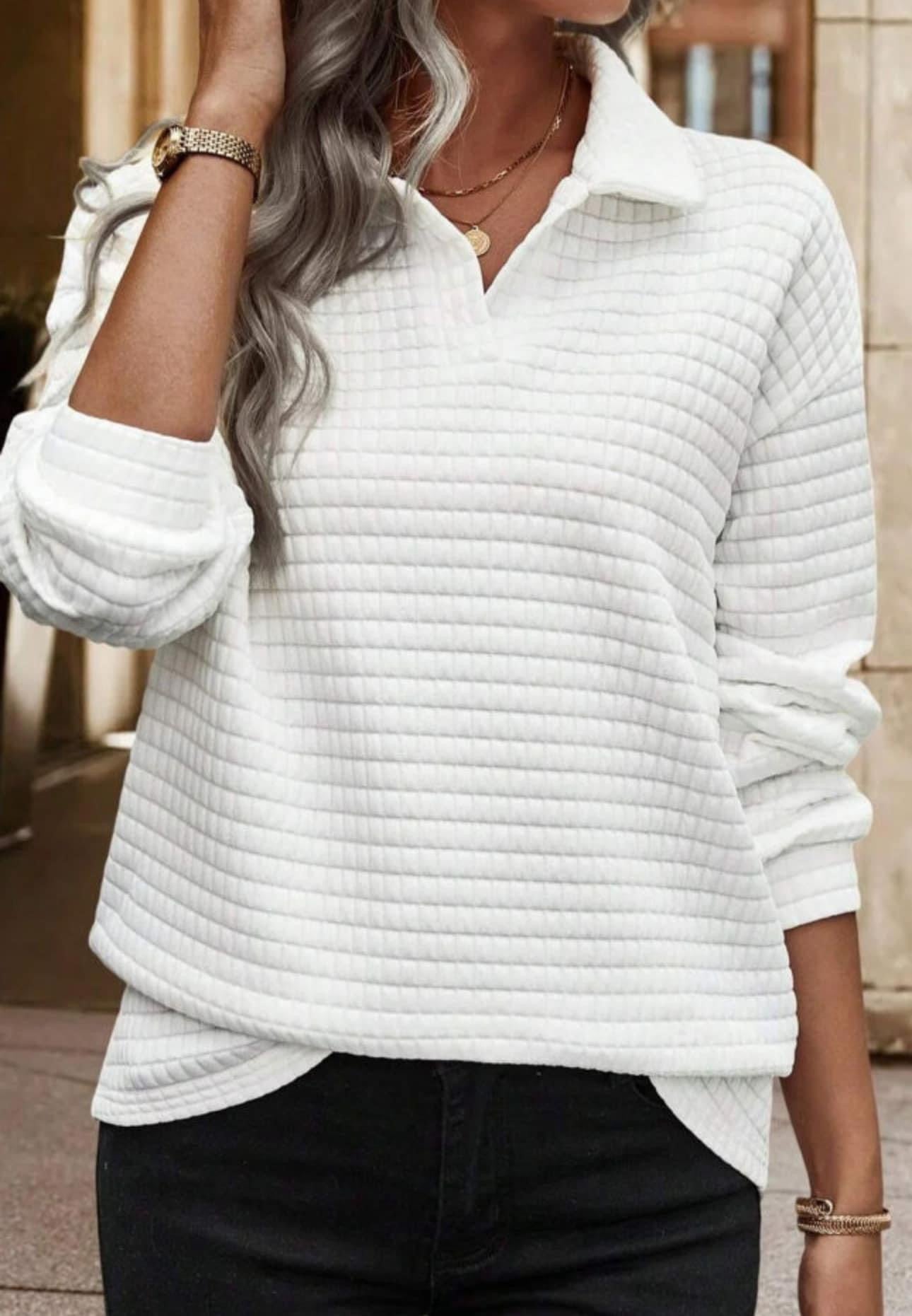 White Quilted Texture Sporty Collared Long Sleeve Top PREORDER