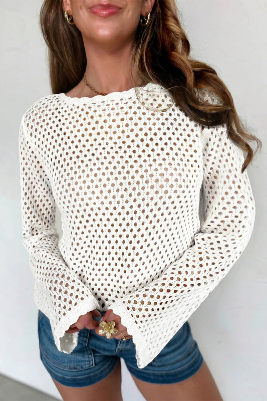 White Scalloped Trim Hollow Out Knit Long Sleeve Top - PREORDER