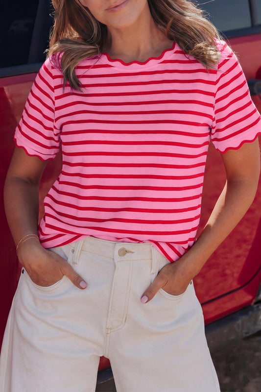 Pink Stripe Scalloped Trim Round Neck T Shirt - PREORDER