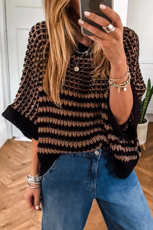 Black Stripe 3/4 Draped Sleeve Slouchy Sweater- PREORDER