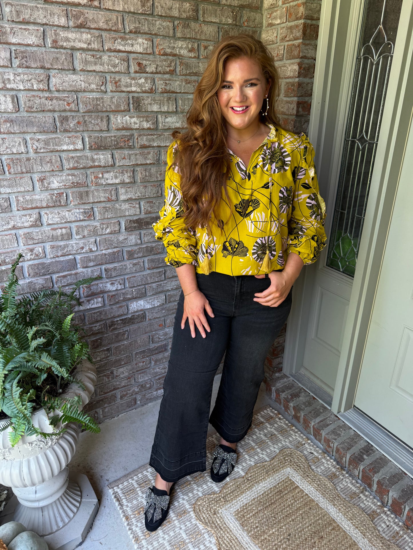 Vintage Floral V Neck Ruffle Trim Long Sleeve Blouse