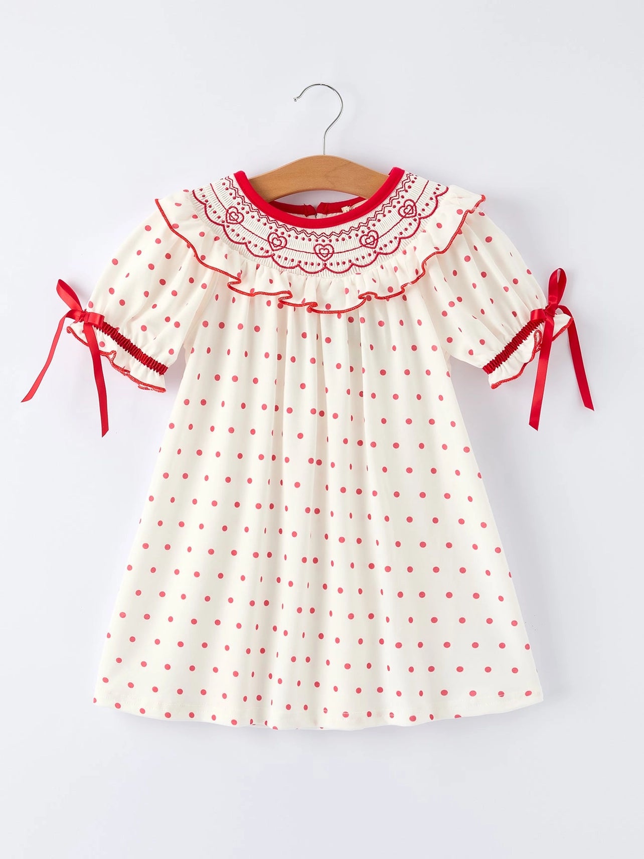 Valentine's Day Polka Dot Girls' Dress with Smocking Embroidery - PREORDER