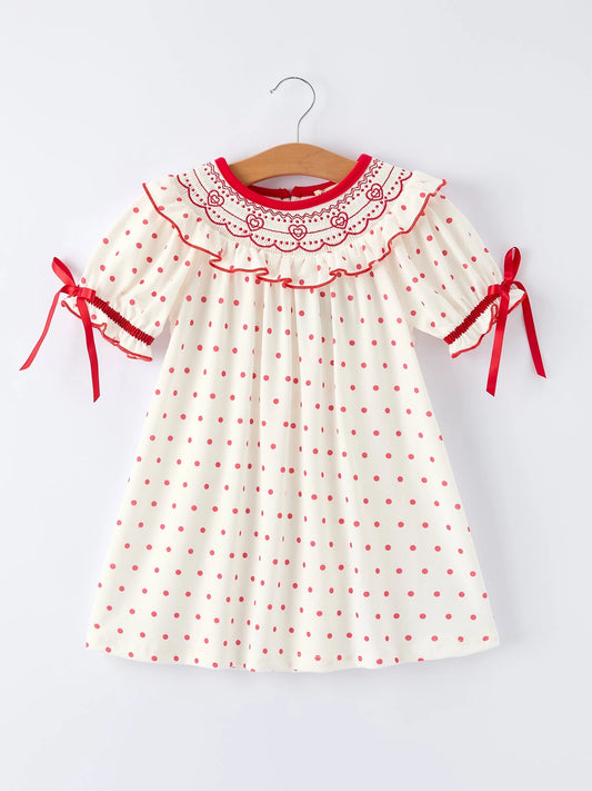 Valentine's Day Polka Dot Girls' Dress with Smocking Embroidery - PREORDER