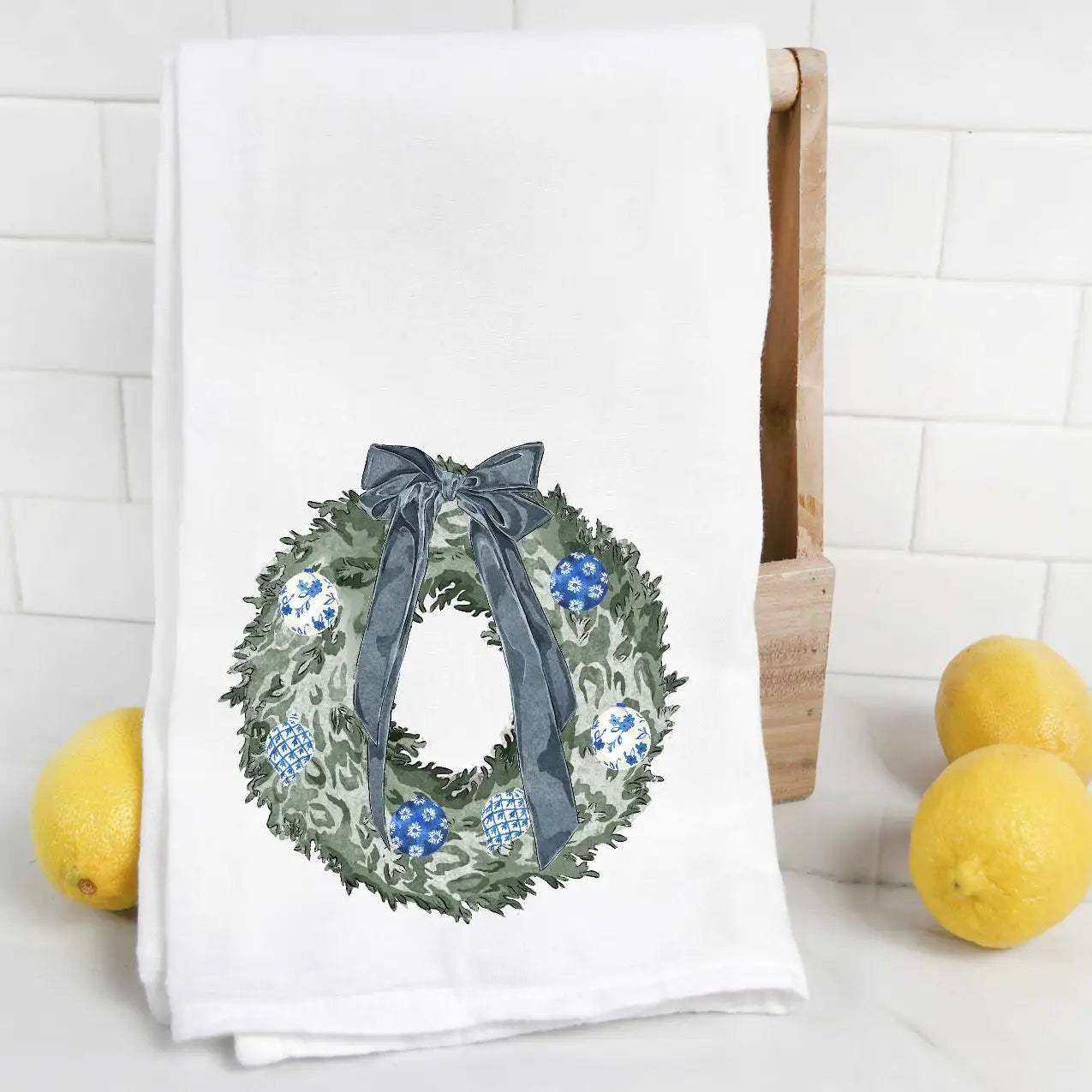 Chinoiserie Holiday Wreath Tea Towel