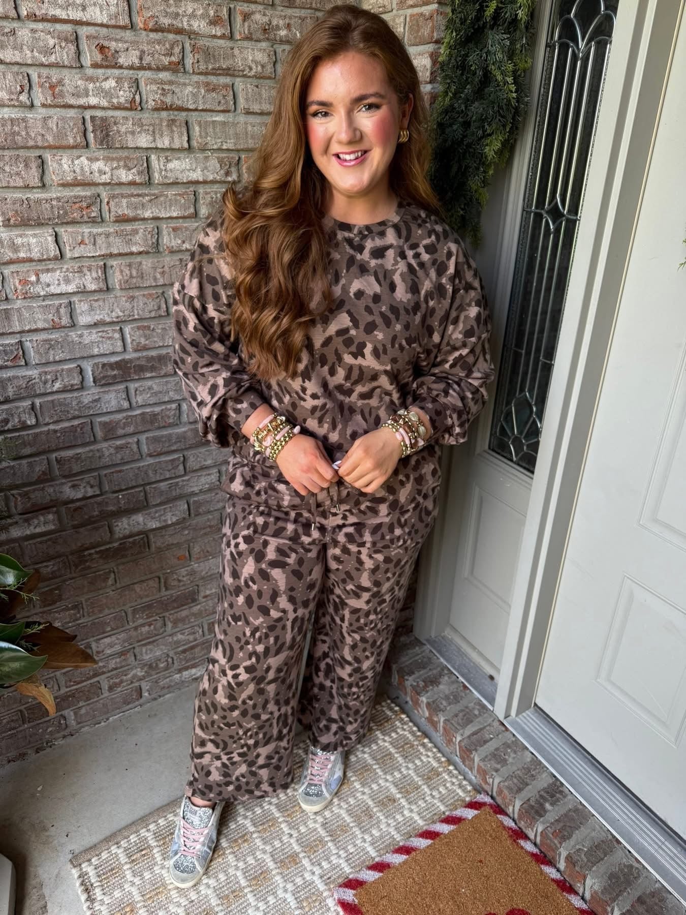 Brown Leopard Print Raw Seam Patchwork Pullover Drawstring Loose Pant Set