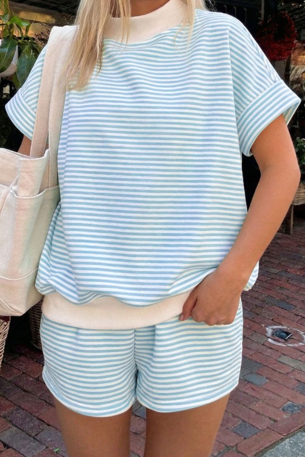Sky Blue Stripe Cuffed Sleeve Contrast Mock Neck Tee Casual 2pcs Short Set - PREORDER