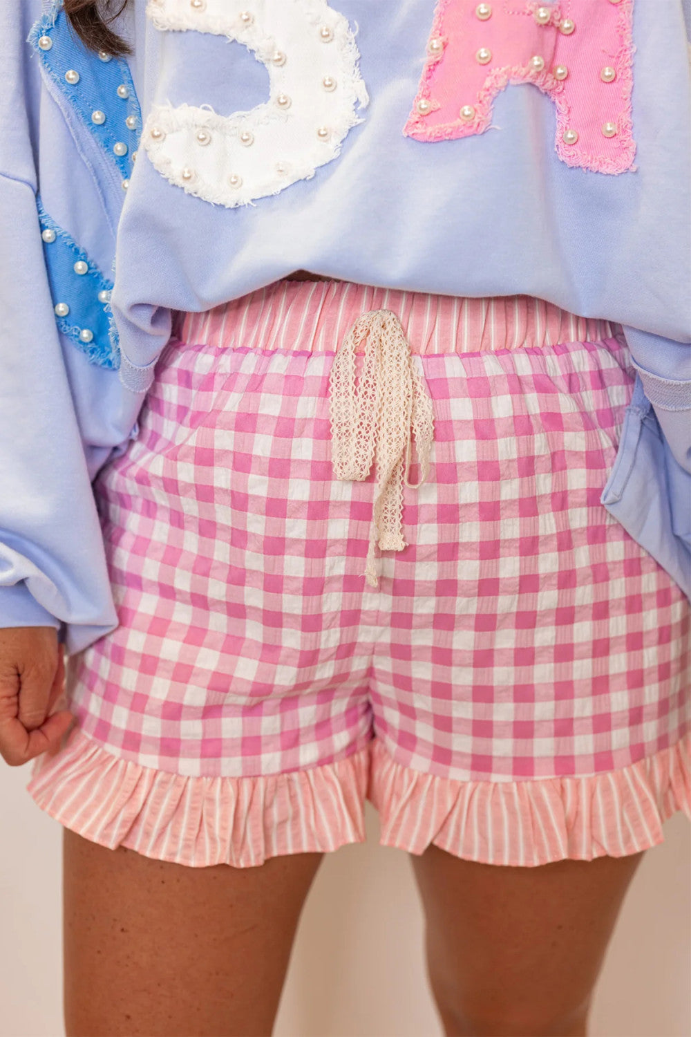 Pink Gingham Print Ruffled Shorts - PREORDER