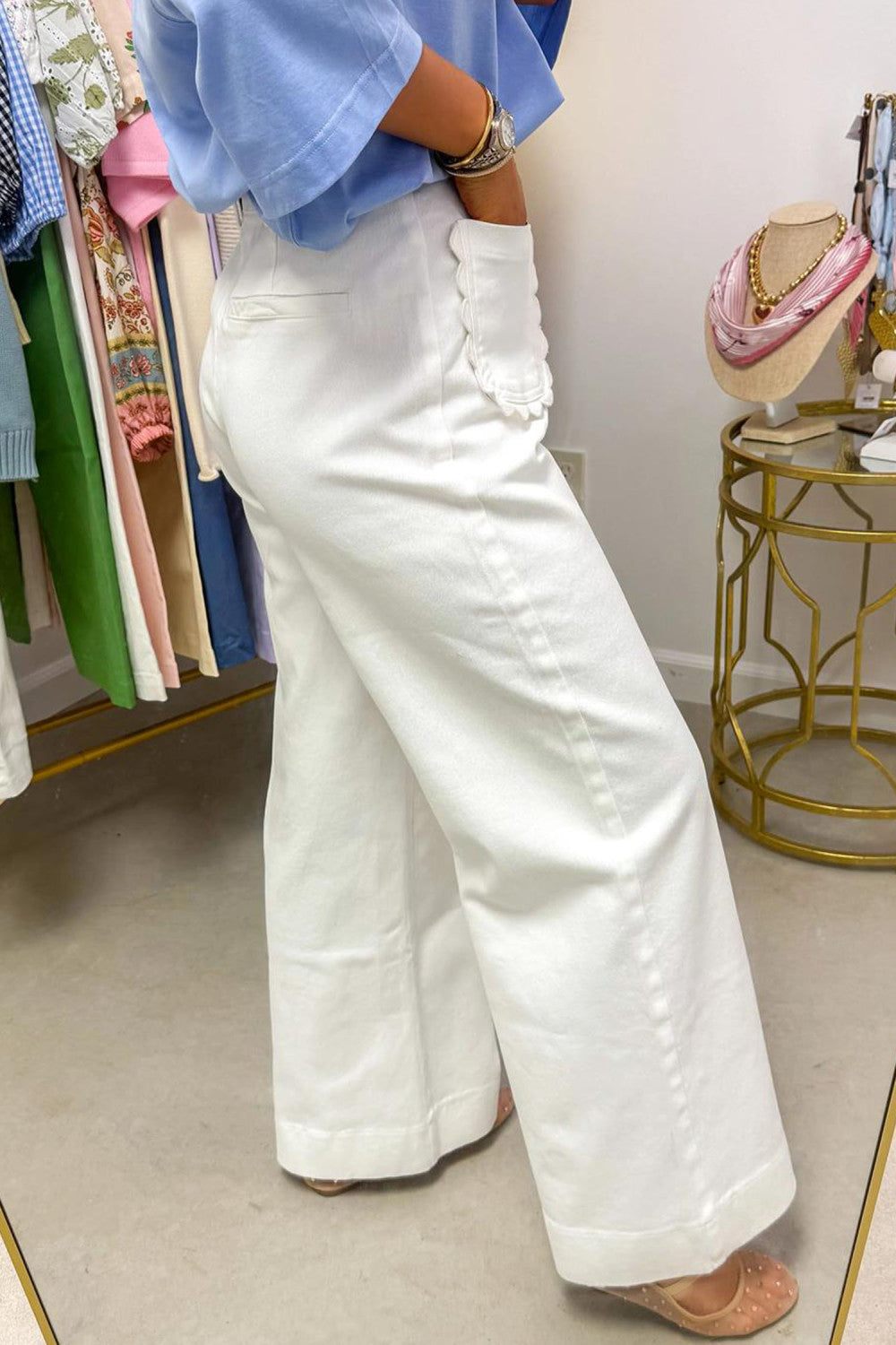 White Solid Color Scalloped Patch Pocket Shift Jeans - PREORDER