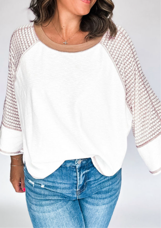 White Striped Bracelet Sleeve Raglan Patchwork Top PREORDER