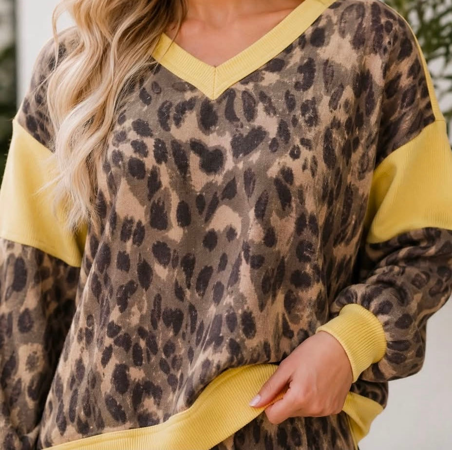 Brown Leopard Print Long Sleeve V-Neck Wide Leg Pant Set - PREORDER