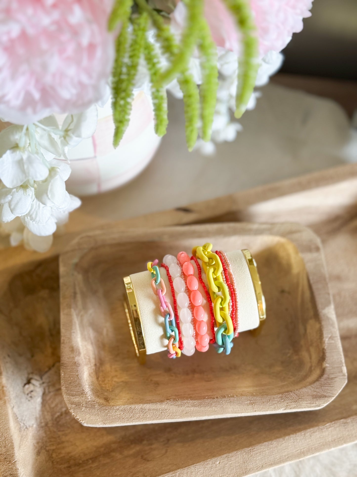 Pink Colorful Beaded Chain Link Layered Bracelet Set