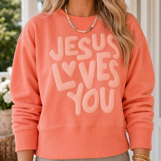 Grapefruit Orange JESUS LOVES YOU Puffy Letter Graphic Sweatshirt - PREORDER
