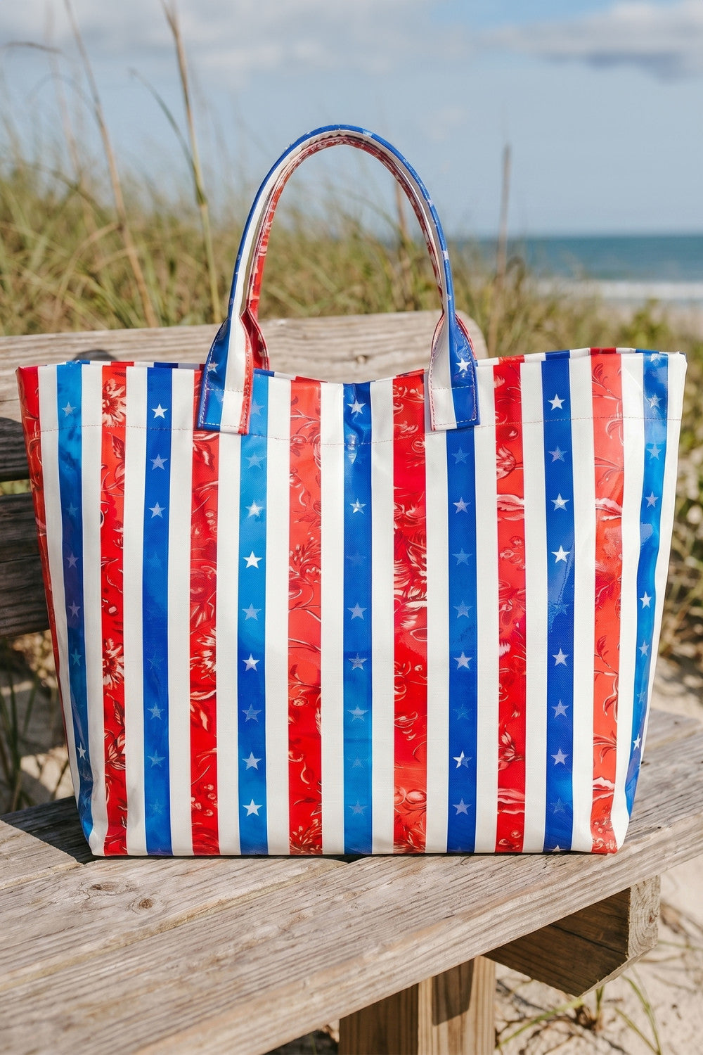 Sky Blue Patriotic Stars and Stripes Pattern Vinyl Glossy Tote Bag - PREORDER