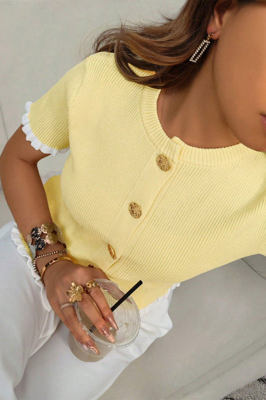 Yellow Cream Ribbed Knit Contrast Frilled Short Sleeve Sweater Cardigan - PREORDER
