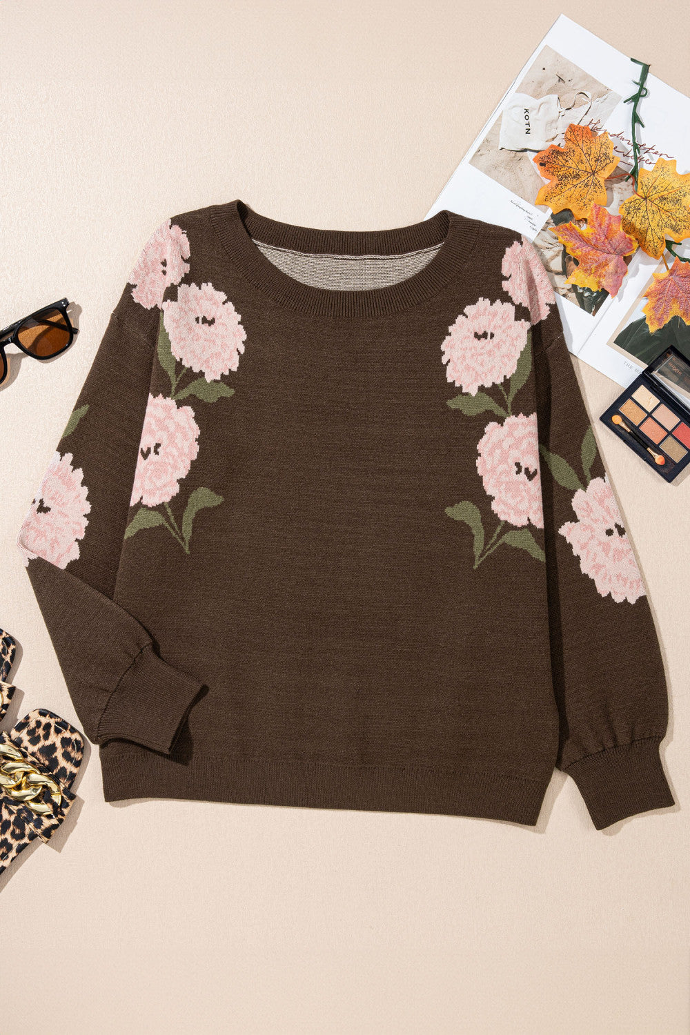 Dark Brown Floral Print Drop Shoulder Relaxed Pullover Sweater - PREORDER