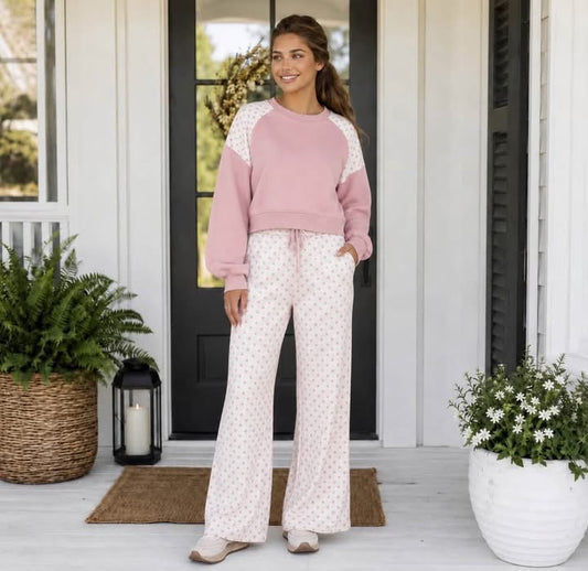 Pink Polka Dot Patchwork Colorblock Long Sleeve Casual Two Piece Pants Set - PREORDER