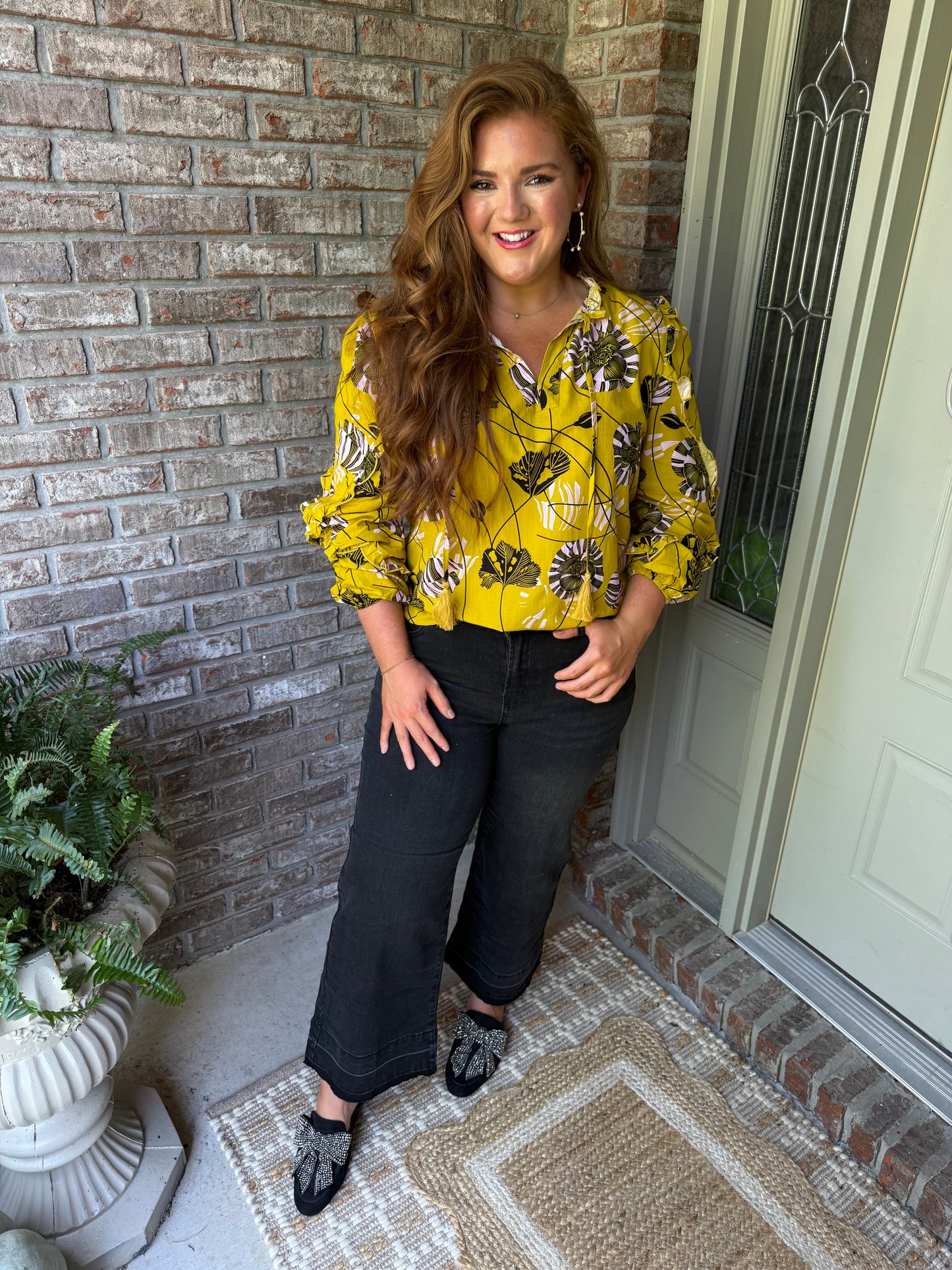 Vintage Floral V Neck Ruffle Trim Long Sleeve Blouse