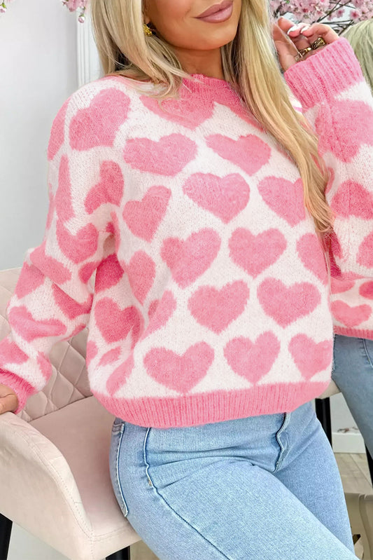 Pink Valentine Heart Print Knit Sweater - PREORDER