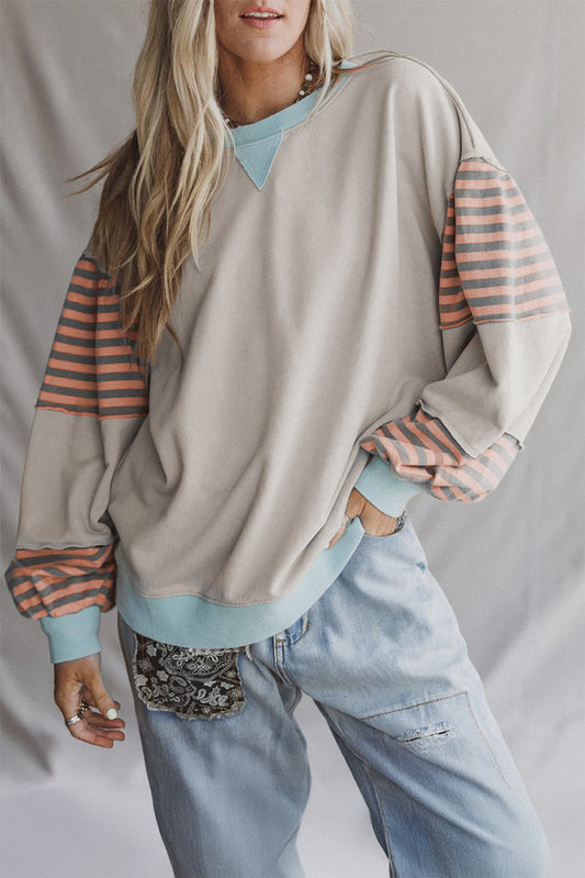 Jet Stream Striped Colorblock Patchwork Drop Shoulder Sweatshirt - PREORDER