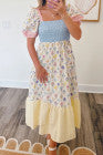 Multicolour Floral Print Striped Color Block Patchwork Square Neck Shirred Long Dress - PREORDER