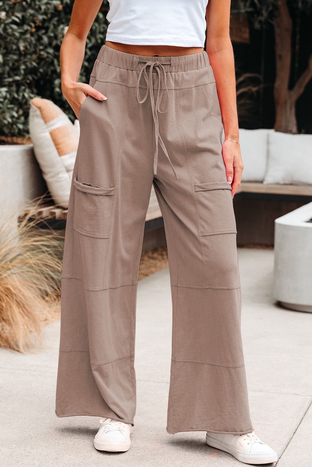 Tan Exposed Seam Drawstring Elastic Waistband Wide Leg Cargo Pants - PREORDER