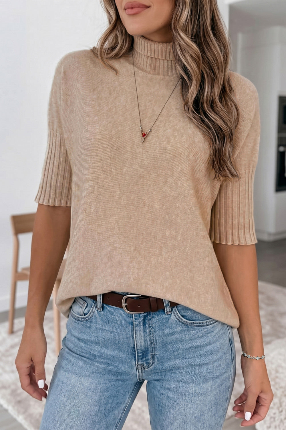 Beige Ribbed Trim High Neck Short Sleeve Casual Sweater - PREORDER