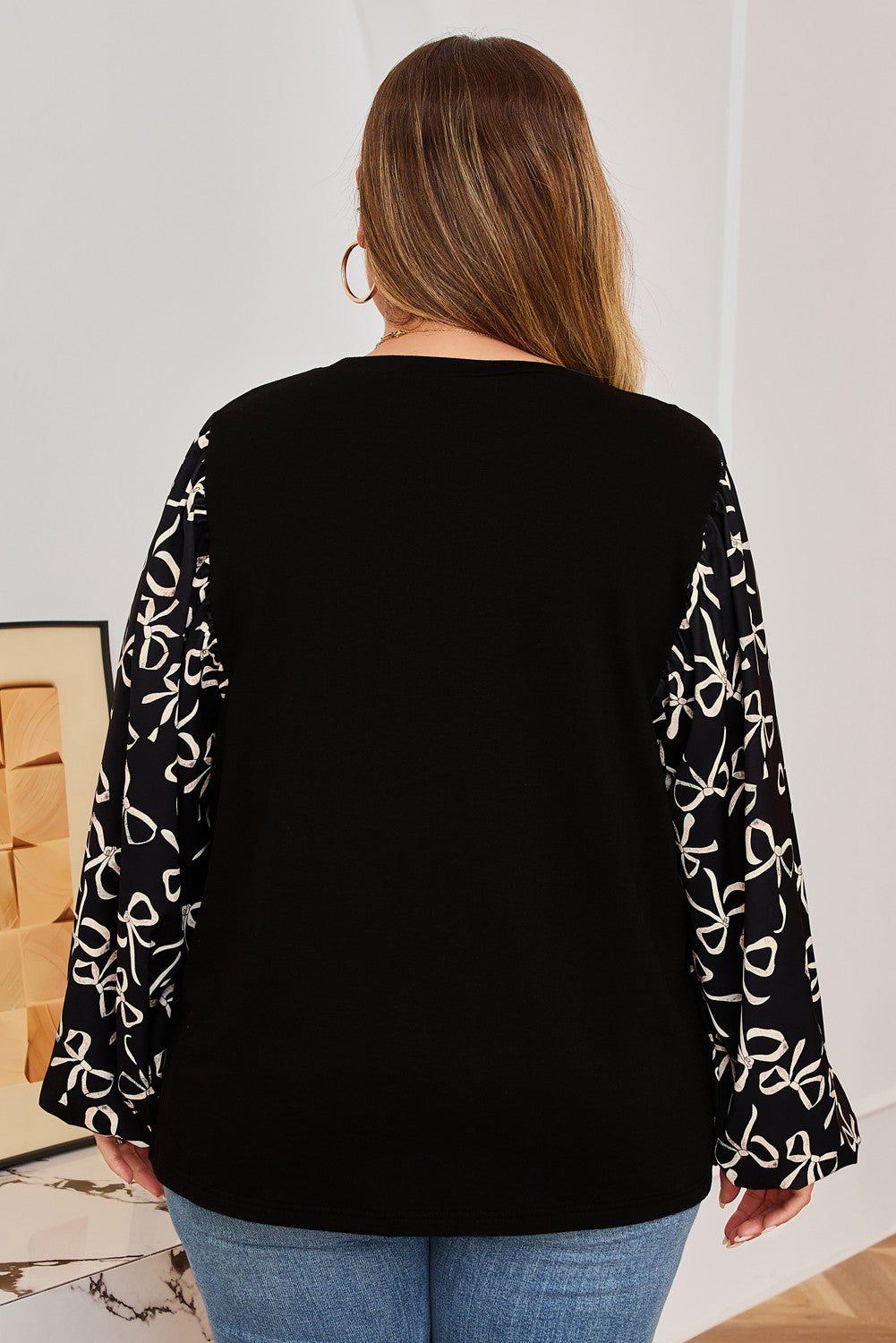 Black Bow Knot Patchwork Crewneck Plus Size Blouse -  PREORDER