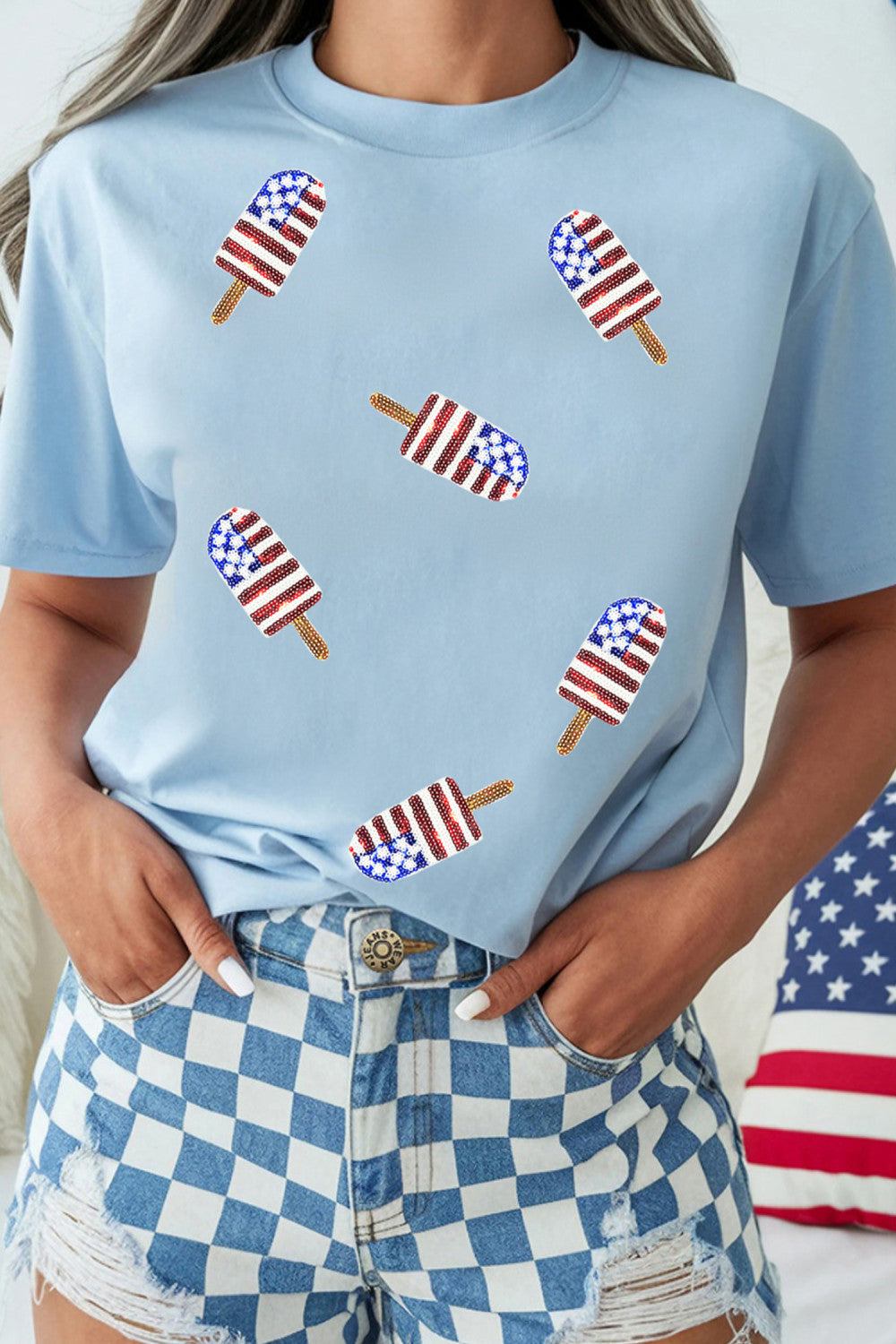 Light Blue Patriotic Sequin Popsicle T Shirt - PREORDER